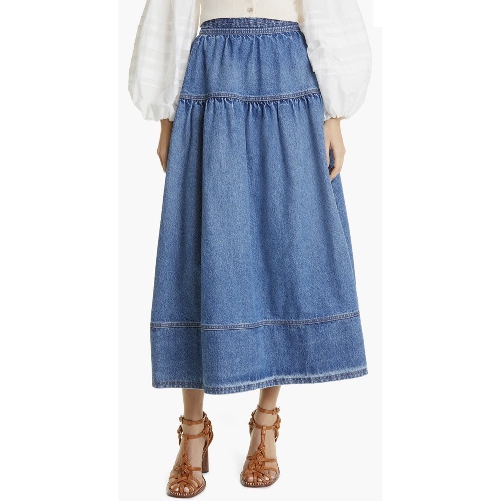 Ulla Johnson Astrid Denim Midi Skirt NWOT Retail $530 Frayed Waist Indigo Boho 4